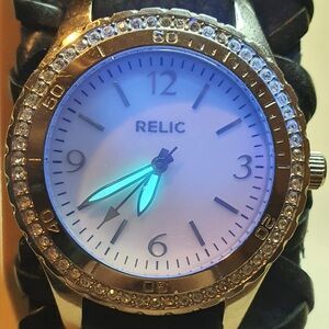 Relic Silver/MOP Rhinestone Custom Leather Women's Watch